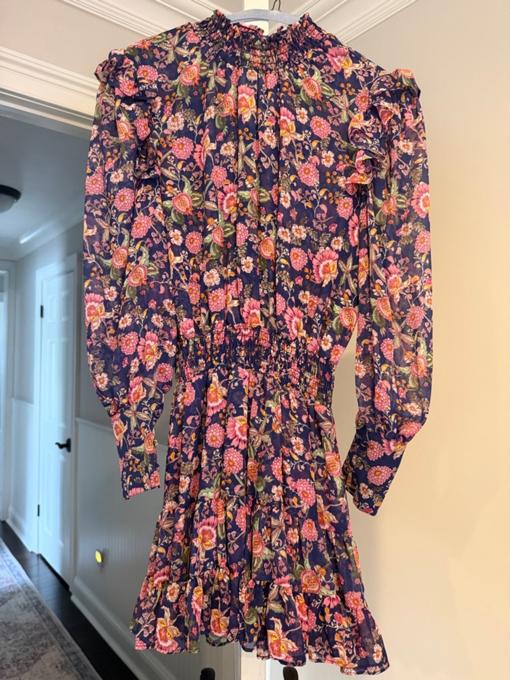 Misa Los Angeles Navy Floral Smocked Mini Dress with Pink & Green Accents